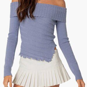 edikted sonya foldover off the shoulder sweater in blue